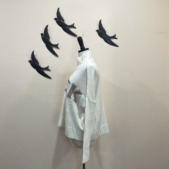 Elan ROCK Winter White Bronze Lettering Oversize Mock Neck Slouchy Sweater - L - Picture 8 of 15